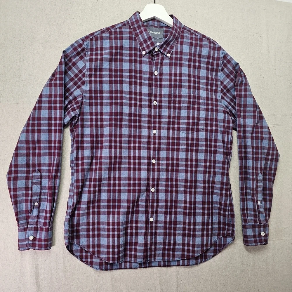 Bonobos Mens‎ Large Blue Plaid Slim Fit Grid Check Long Sleeve Button Down Shirt